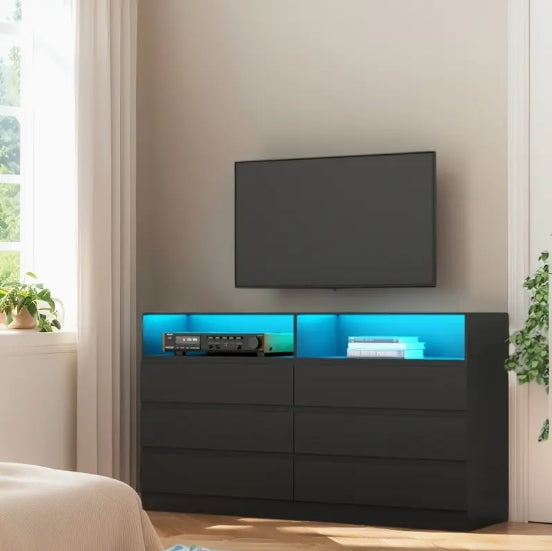 Contemporary White Finish Accent Chest of Drawers with LED Lighting, Varnished Storage Dresser, Independent Furniture, 110V-240V Plug Powered, with Charging Station, for Under 3.2 Cubic Feet Capacity