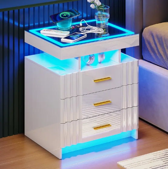 [Smart Nightstand] RGB LED Night Stand - Wireless Charging Station, Modern Bedside Table with Human Body Sensor Light and Glass Panel