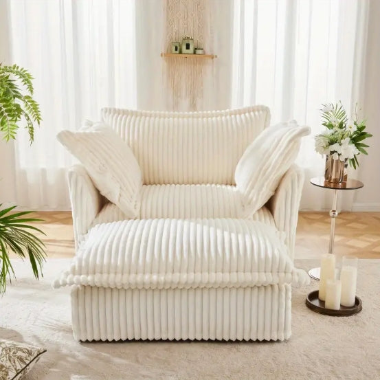 Upholstered Slipcovered Armchair with Ottoman Deep Seat Armchair W Wide Ottoman for Living Room Armchair Sets with Large Soft Pillows Set of 2 Cream Corduroy Fabric