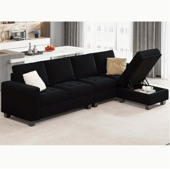 4-Seat Velvet Reversible L Shaped Sectional Sofa Couch - With Convertible Storage Ottoman