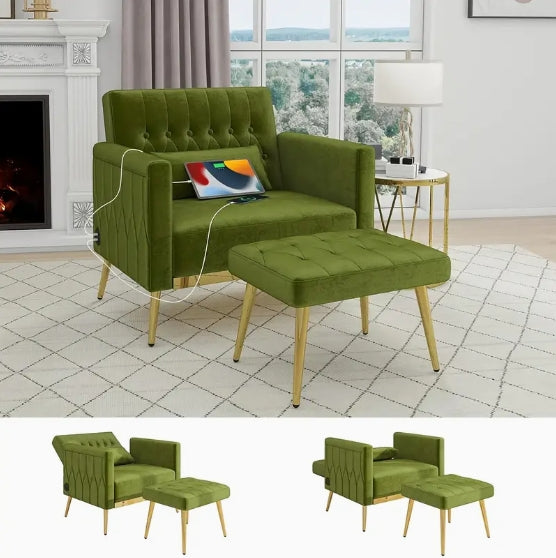 Velvet Modern Accent Chair And Ottoman Set with 2 USB Ports, Pink Comfy Reading Chair Bedroom Living Room Chairs, Recliner Lounge Chair, Adjustable Backrest And Pillow (Green)