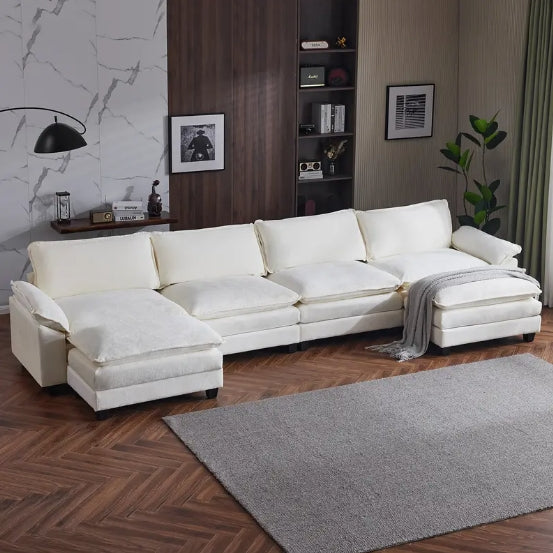 [Comfy Convertible Sofa] Modern Comfy Cloud White/Cream Convertible Sectional Sofa, Extra Deep Seat L-Shape Couch with Movable Ottoman - Elegant White Plush Fabric Sofa for Home, Office, Apartment, Family Lounge Furniture