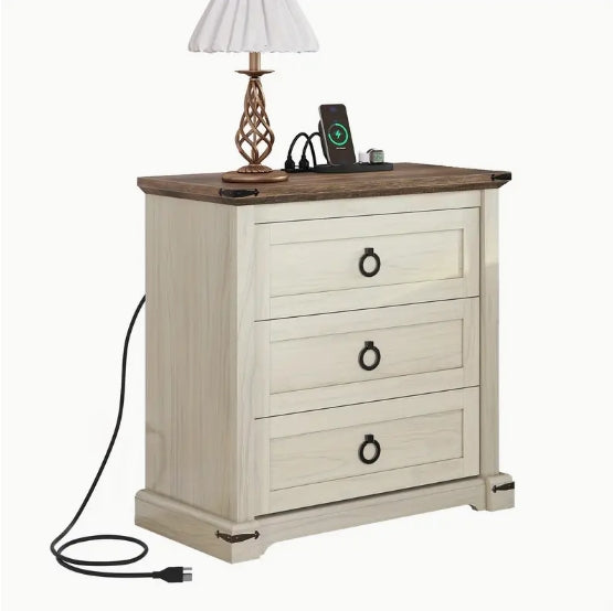 29" Bedside Table Bedroom Rustic Wooden Desk with 3 Drawers Storage Cabinet Charging Station