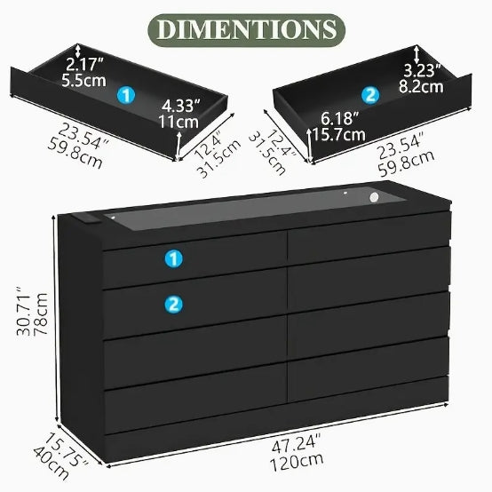 [Modern Dresser] Modern 8 Drawer White Dresser - Double Wide Drawers Organizer Cabinet with Glass Top & Power Outlet And LED Light
