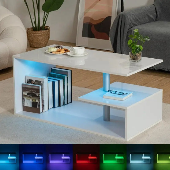 White LED Coffee Tables for Living Room Modern White Coffee Table with S-Shaped 3 Tiers Open Storage Shelf High Gloss Center Sofa Tea Table with LED Lights for Christmas Home Office Furniture