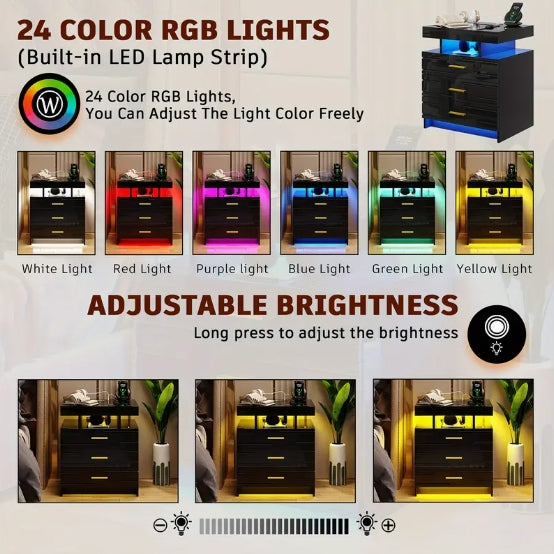 [Wireless Charging Nightstand] Modern 24 Color LED Nightstand - Auto Wireless Charging Station & USB Ports - 3 Drawers High-Gloss Bedside Table