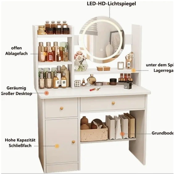 Elegant White Wooden Makeup Vanity Desk with Touch-Screen Lighted Mirror - 3 Adjustable Lighting Modes, Drawers & Storage Shelves for Cosmetics Organization - Modern Bedroom Dressing Table with Plug-In Power