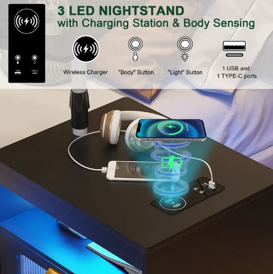 Nightstand With Wireless Charging Station, LED Nightstand Has Adjustable Rotary Workstation, Smart Night Stand With 2 Drawers