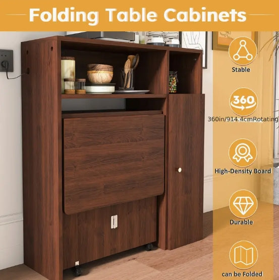 Modern Brown Folding Dining Table with Storage Sideboard & Charging Station – Wall-Mounted, Space-Saving Design with Wheels for Compact Kitchens
