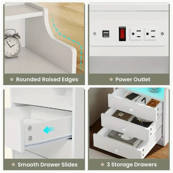 White Nightstand with Charging Station and LED Lights, Night Stand with Hutch, Bedside Table with Drawers, Modern End Side Table for Bedroom