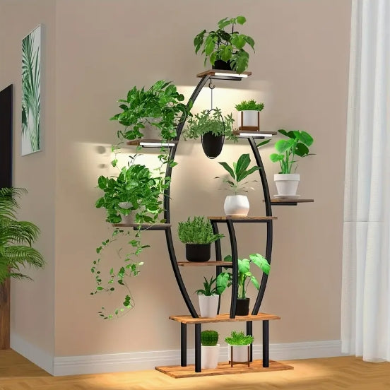 9-Tier Metal Step Shelf with Grow Light - 59" Tall Indoor Plant & Greenery Stand, Heavy-Duty Iron Pipes, Water-Resistant, No Electricity Needed - Perfect for Home, Patio, Balcony - Patented Design
