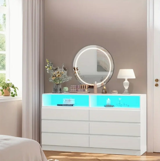 Contemporary White Finish Accent Chest of Drawers with LED Lighting, Varnished Storage Dresser, Independent Furniture, 110V-240V Plug Powered, with Charging Station, for Under 3.2 Cubic Feet Capacity