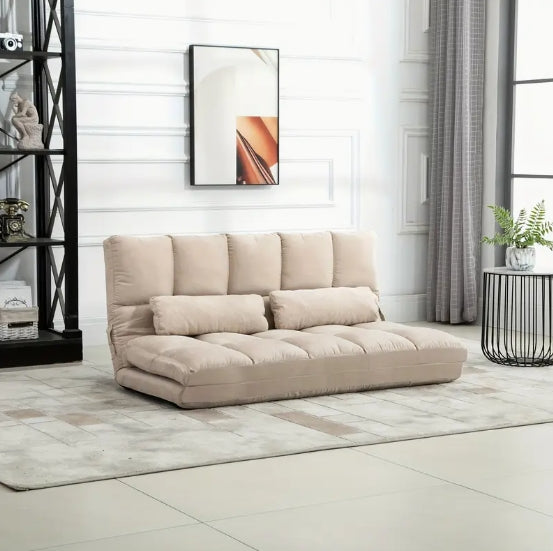 Convertible Floor Sofa Chair, Folding Couch Bed, Guest Chaise Lounge with 2 Pillows, Adjustable Backrest and Headrest, 51.25" L, Beige