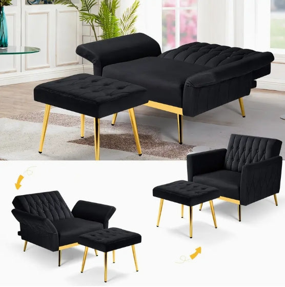 ACMEASE Velvet Accent Chair - Adjustable Armrests And Backrest, Button Tufted Lounge Chair With Ottoman And Pillow