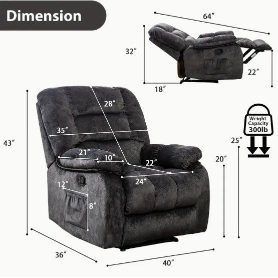 Large Recliner Wide Manual Recliner for Seniors Fabric Living Room Upholstered Adult Recliner, Elderly Lounge Chair Recliner with Heating and Massage Living Room Recliner Manual Recliner with Side Pockets and USB Charging Ports and Remote Controls