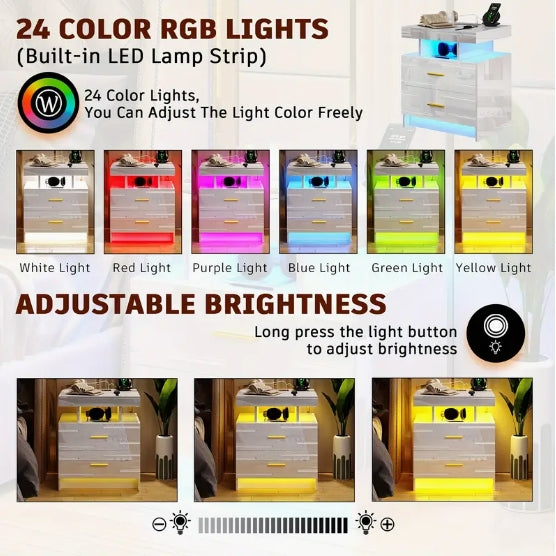 [Wireless Charging Night Stand] Smart Night Stand with Wireless Charging - 24 Colour Lights, 2 Drawers Bed Table