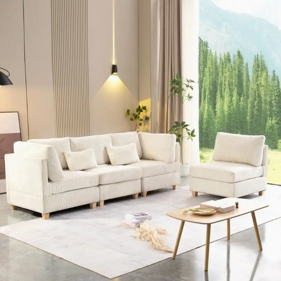 1pc Convertible Modular Sofa - DIY Corduroy Fabric L-shaped/U-shaped - Non-slip Sofa Legs, 2 Packages Ship, Beige/Dark Gray