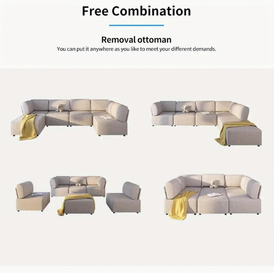 6 Seater Beige Linen Modular Sectional Sofa - Convertible Oversize L Shaped Couch with Reversible Ottoman, U Shaped Sleeper Sofa for Living Room