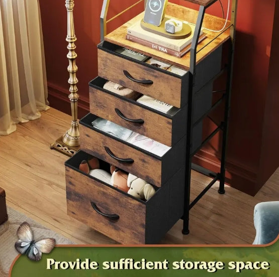 4 Drawer Dresser for Bedroom, Nightstand with Charging Station and LED Light, Indoor and Outdoor Storage, Tall Night Stand Bed Side Table