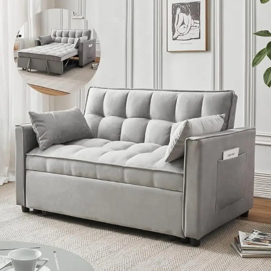 54-Inch Velvet Convertible Sofa Bed with Reclining Feature, Pull-Out Section & Storage Pockets - 3-in-1 Black Loveseat Futon for Living Room, Bedroom, or Apartment - Soft, Durable & Space-Saving Design, Futon Sofa Bed