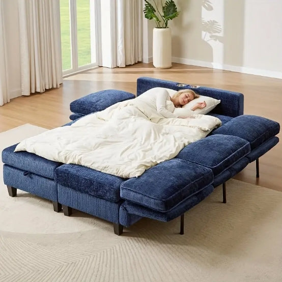 110" U-Shaped Modular Sectional Sofa, Convertible Sleeper Sofa Couch Bed with Adjustable Backrest, Chenille Couch with Storage & Charging Ports, Beige Large Sectional Couches for Living Room