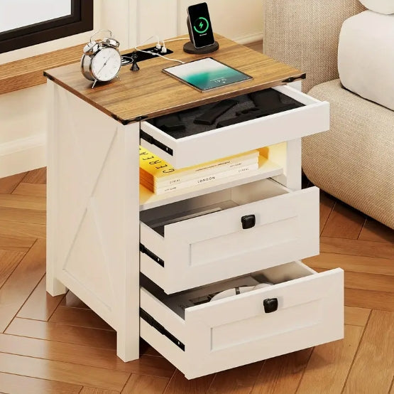 [Farmhouse LED Nightstand] 2-Drawer Farmhouse LED Nightstand - With Gun Drawer, Invisible Lock, Charging Station, Modern End Table for Bedroom Living Room Office - White/Dark Oak