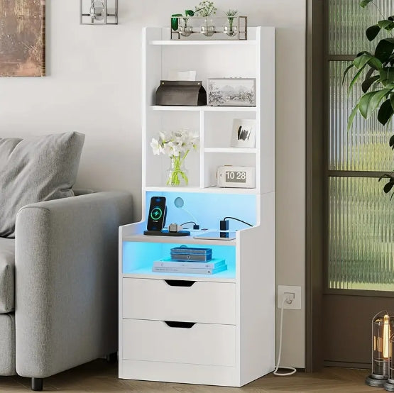[Tall Nightstand with Charging Station] 1pcs White Tall Nightstand - Charging Station and LED Lights, 2 Drawers, Bookshelf, Bedside Table with Shelves