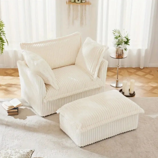 Upholstered Slipcovered Armchair with Ottoman Deep Seat Armchair W Wide Ottoman for Living Room Armchair Sets with Large Soft Pillows Set of 2 Cream Corduroy Fabric