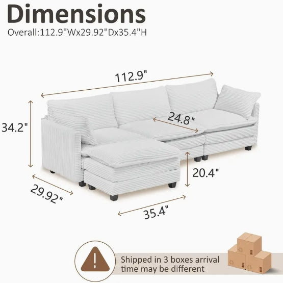 Oversized Modular Sectional Sofa Set - Cozy 3-Seater White Corduroy with Movable Ottoman, 2 Armrest Pillows, L-Shaped Design for Living Room or Bedroom - Easy DIY Assembly, Sectional Sofa for Living Room