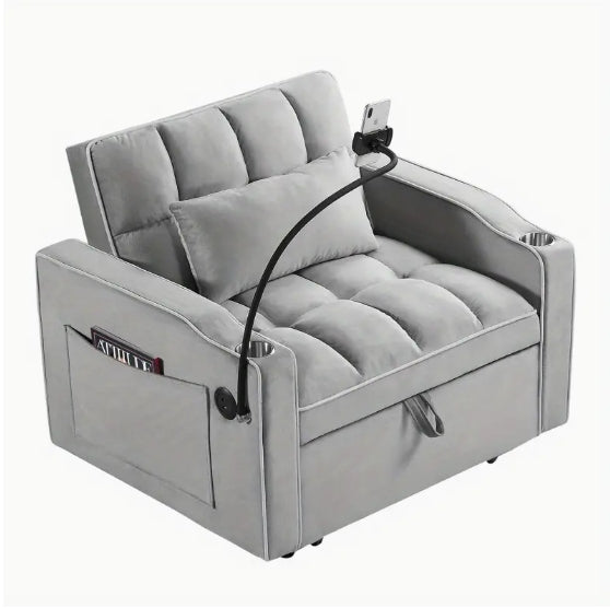 [Convertible Sleeper Chair] 3-in-1 Adjustable Convertible Sleeper Chair Sofa Bed - Gray Quilted Design, Multi-Pockets, Pull-Out Functionality for Living Room or Bedroom