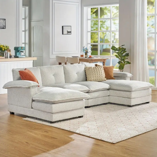 115 Inch Sectional Couch, Modular Sectional Sofa- Double Layer Seat Cushions, U Shaped Couch- Comfy Couches For Living Room, Beige Chenille