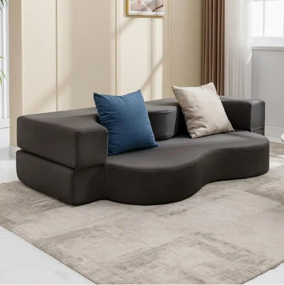 Queen Size Convertible Sofa Bed - Memory Foam Fold-Out Couch with Washable Leathaire Cover, Modern Dark Gray Design for Living Room & Guest Room
