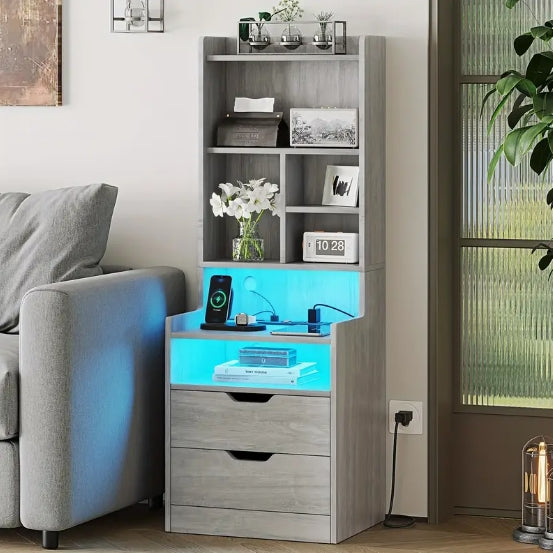 1pcs Gray Tall Nightstand with Charging Station, LED Lights, Drawers, Storage Shelves, and Bookshelf