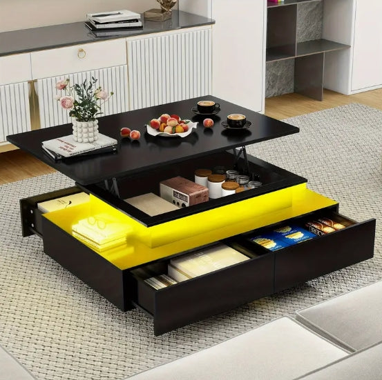 Lift Top Coffee Table, Coffee Table with Storages for Living Room, Rectangular Coffee Tables with 4 Spacious Drawers, Modern Coffee Table with LED Light