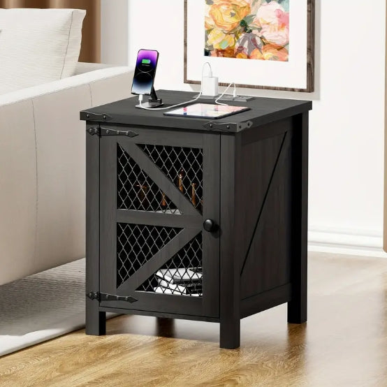 Chic 18" Farmhouse Side Table with Charging Port - Rustic Wire Mesh Barn Door Design, Nightstand with Adjustable Shelf for Bedroom & Living Room