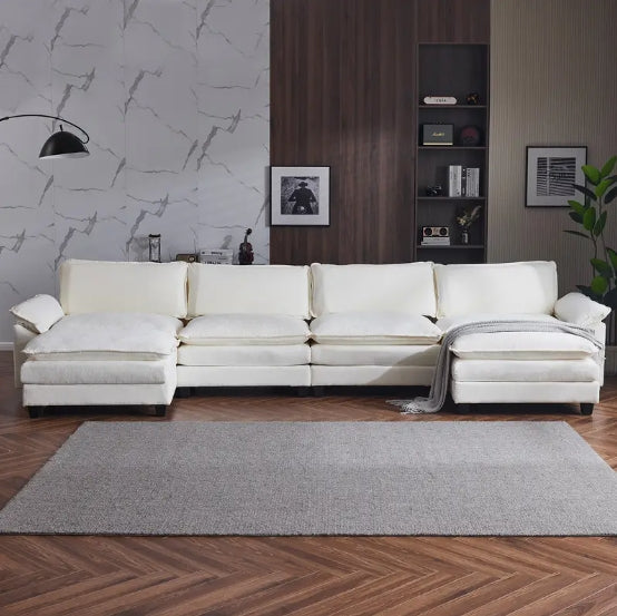 [Comfy Convertible Sofa] Modern Comfy Cloud White/Cream Convertible Sectional Sofa, Extra Deep Seat L-Shape Couch with Movable Ottoman - Elegant White Plush Fabric Sofa for Home, Office, Apartment, Family Lounge Furniture