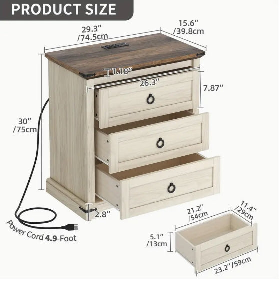 29" Bedside Table Bedroom Rustic Wooden Desk with 3 Drawers Storage Cabinet Charging Station