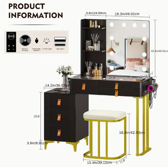 [Wireless Charging Vanity] Wireless Charging Gurexl Vanity Desk with Lighted Mirror, 3 Lighting Modes, 6 Drawers & Stool, Glass Top Makeup Vanity Table Set