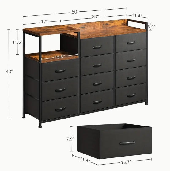 Modern Black Dresser with 11 Drawers, Metal Frame & Wood Top – Stylish Bedroom Storage Chest with Shelves, Perfect for Makeup Vanity or TV Stand