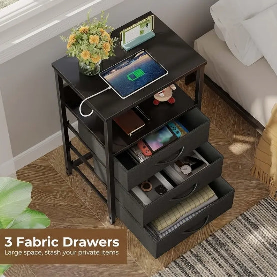 [Charging Nightstand] 2/3 Fabric Drawers Nightstand with Charging Station And LED Light, Side Table with USB Ports And Outlets, Valentines Bedside End Table
