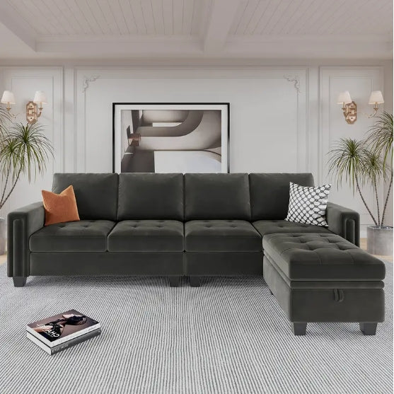 4-Seat Velvet Reversible L Shaped Sectional Sofa Couch - With Convertible Storage Ottoman
