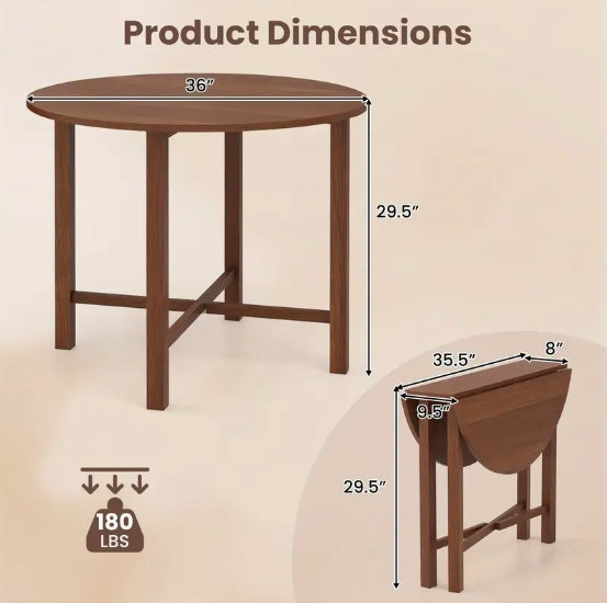 Contemporary Hardwood Dual Drop Leaf Round Table, Multifunctional Folding Dining Table for 2-4, Extendable Design for Small Spaces, No Electricity Needed, for Dining Room, Living Room, Apartment