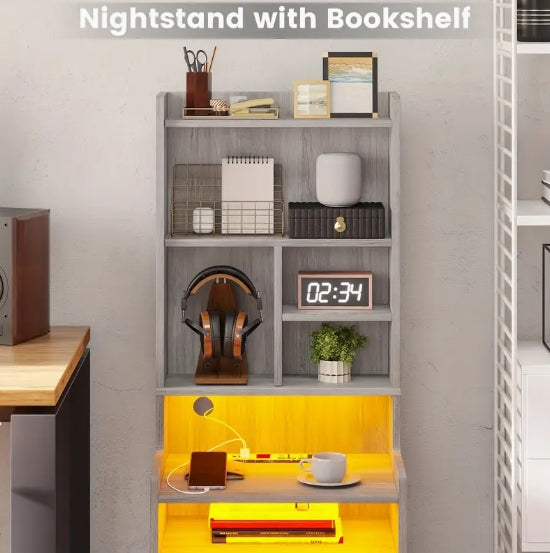 1pcs Gray Tall Nightstand with Charging Station, LED Lights, Drawers, Storage Shelves, and Bookshelf