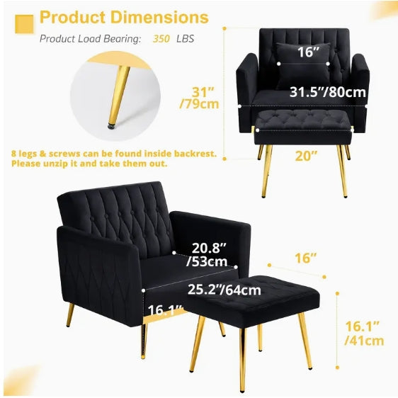 ACMEASE Velvet Accent Chair - Adjustable Armrests And Backrest, Button Tufted Lounge Chair With Ottoman And Pillow