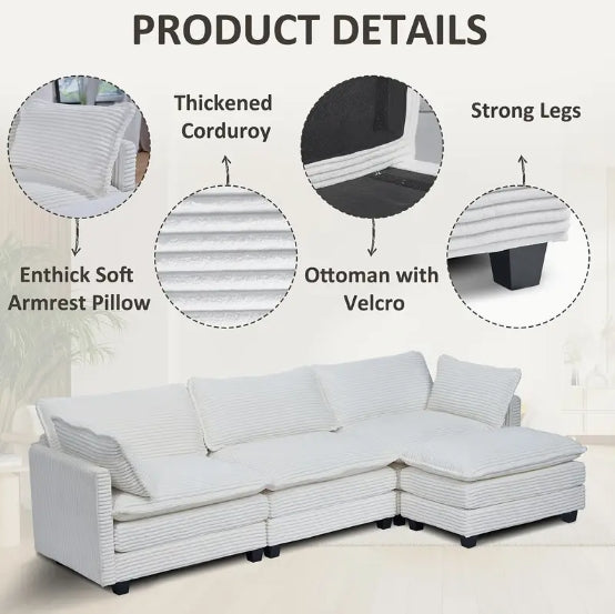 Oversized Modular Sectional Sofa Set - Cozy 3-Seater White Corduroy with Movable Ottoman, 2 Armrest Pillows, L-Shaped Design for Living Room or Bedroom - Easy DIY Assembly, Sectional Sofa for Living Room
