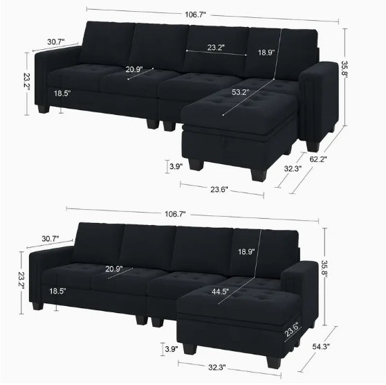 4-Seat Velvet Reversible L Shaped Sectional Sofa Couch - With Convertible Storage Ottoman