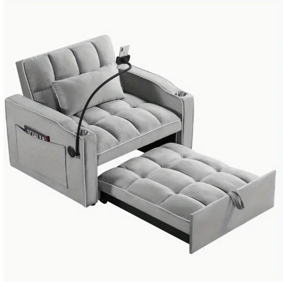 [Convertible Sleeper Chair] 3-in-1 Adjustable Convertible Sleeper Chair Sofa Bed - Gray Quilted Design, Multi-Pockets, Pull-Out Functionality for Living Room or Bedroom