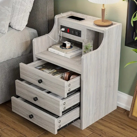 [Grey Nightstand with Charging] 2 USB Ports & 2 Outlets Grey Nightstand with Charging Station, Hutch and 3 Drawers - Bedroom End Table