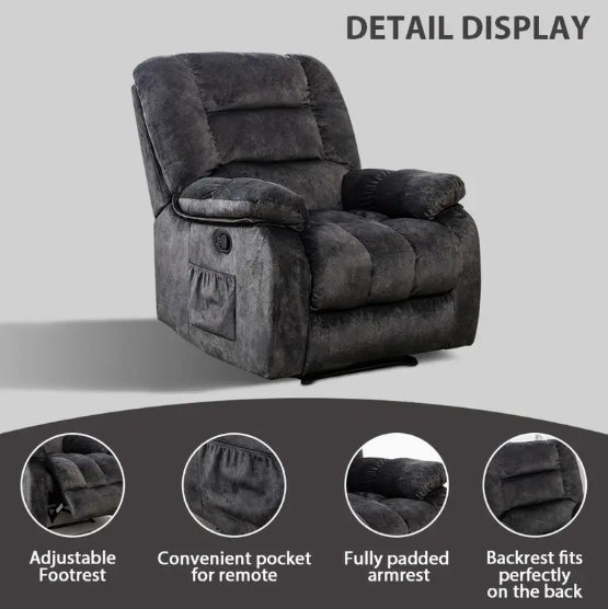 Large Recliner Wide Manual Recliner for Seniors Fabric Living Room Upholstered Adult Recliner, Elderly Lounge Chair Recliner with Heating and Massage Living Room Recliner Manual Recliner with Side Pockets and USB Charging Ports and Remote Controls