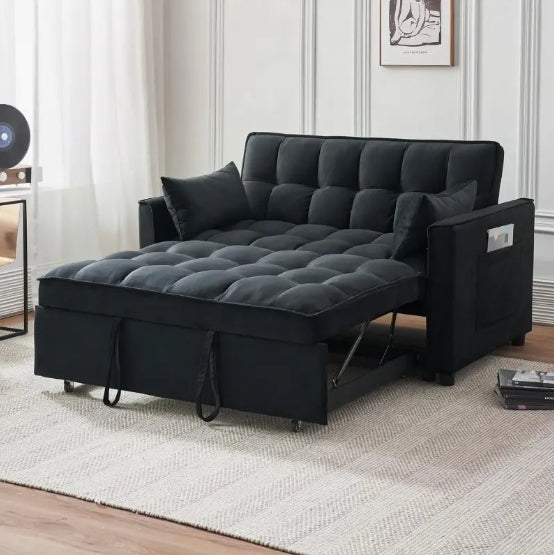54-Inch Velvet Convertible Sofa Bed with Reclining Feature, Pull-Out Section & Storage Pockets - 3-in-1 Black Loveseat Futon for Living Room, Bedroom, or Apartment - Soft, Durable & Space-Saving Design, Futon Sofa Bed